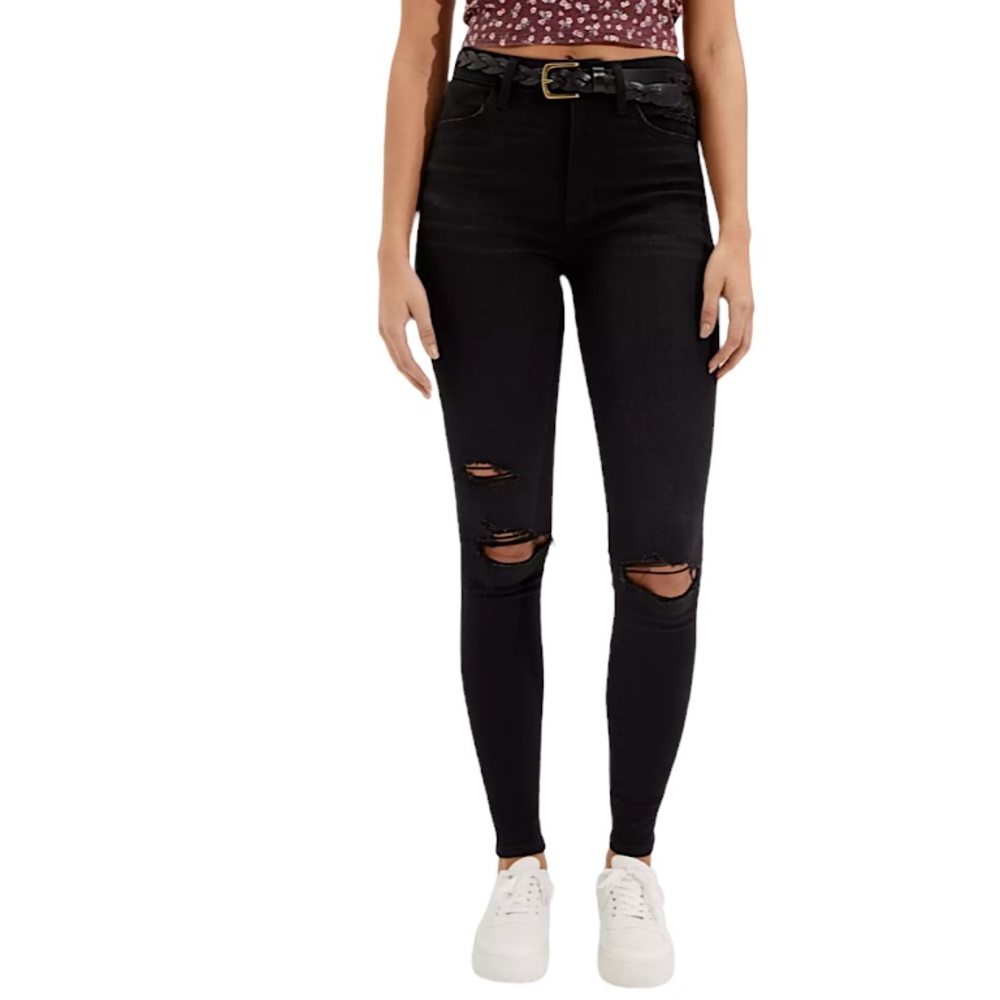 AEO Black Distressed Super Hi-Rise Jegging - Picture 1 of 15